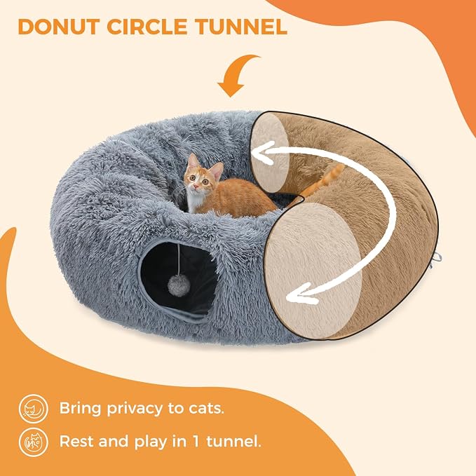 PAWZ Road Cat Tunnel Bed,Collapsible Cat Donut Tunnel with Soft Mat & Balls | 2 tunnels + soft mat form circle, with peephole & dangling balls. Plush, collapsible, Stores Easy. For small & large cats - Image 3