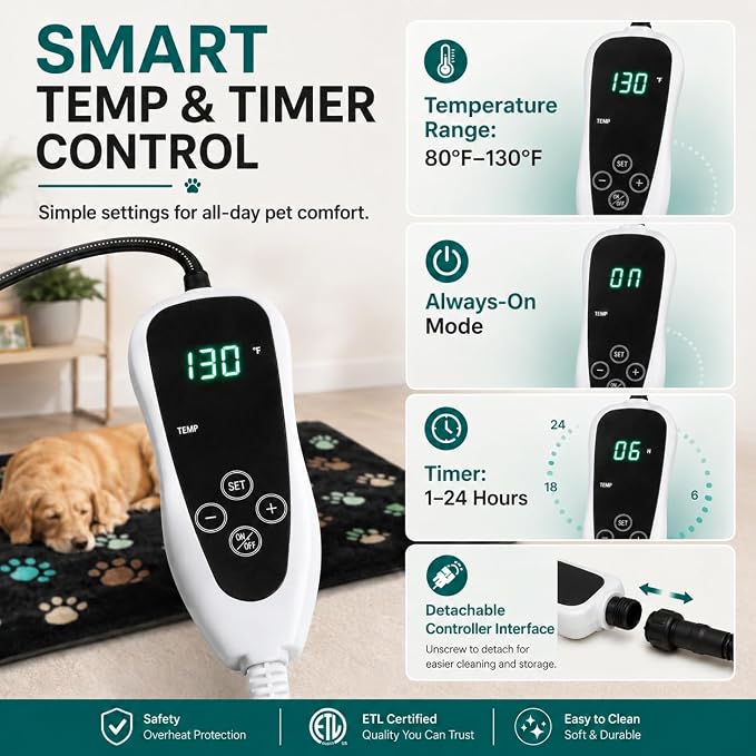 Dog Heating Pad 32x20in with Smart Thermostat Switch and Power Line Protection Tube,Obtained MET and UL Dual Certification,Waterproof Pet Heating Pad for Dogs with Plush Fabric Cover-Black - Image 5
