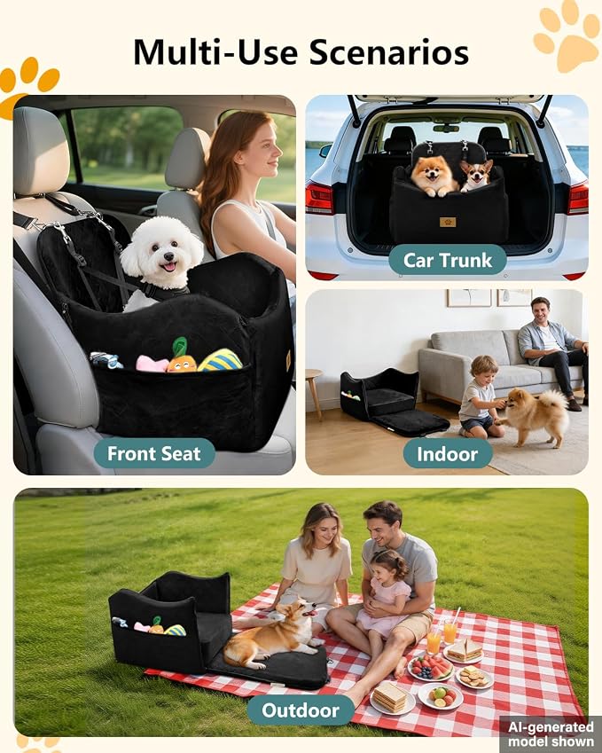 Dog Car Seats for Small Dogs Up to 35 lbs, Machine Washable Puppy Car Seat | 2-in-1 Dog Bed for Car with 6" Elevated Cushion, Dog Booster Seat with Safety Leashes, Pockets, Fits Front/Back Seats (Black) - Image 7
