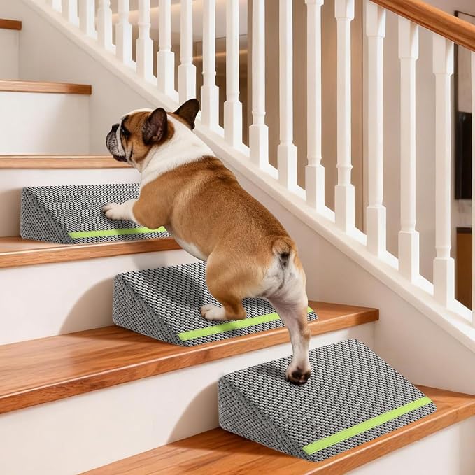 JoyBlooms Upgraded Dog Ramp for Stairs, Dog Stairs for Small Dogs (Corgi & Dachshund), 40D Foam Non-Slip, 30° Slope with Glow Strip, 13.8"x10.2"x5.9", Gray-3pcs by Home