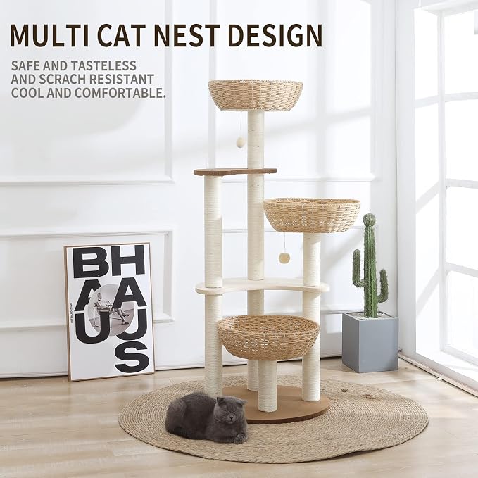 52" Modern Cat Tree Tower for Large Cats, 3Cat Nests Manual Hand Woven Multilevel Huge Paws Pals Cat Tree, Wood Cat Tower, Cat Scratching Tree, Cat Condo, Cat Lover Gift - Image 2