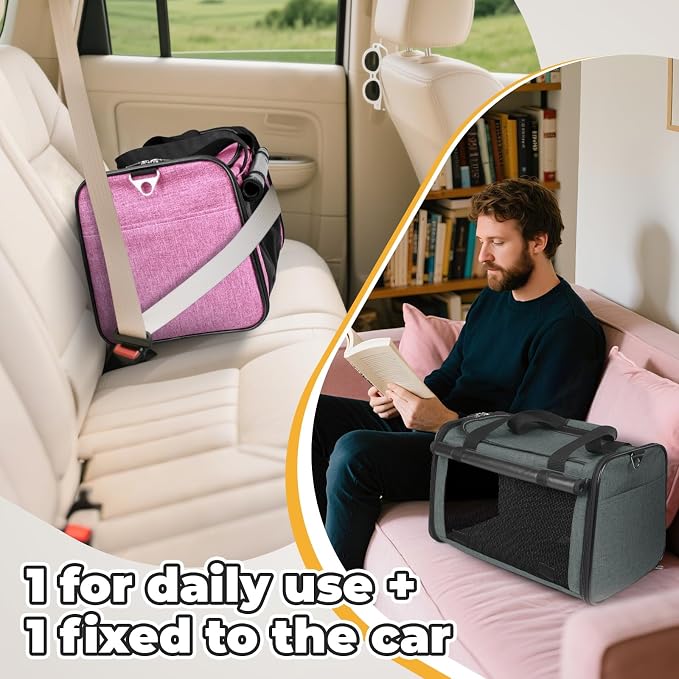 YUDODO 2 Packs 25 lbs Soft Sided Pet Carrier for Large Cat & Small Dog | Airline Approved, Lightproof Breathable Design, Side Pockets, Durable Mesh, Foldable and Portable, Pink+Grey Green - Image 7