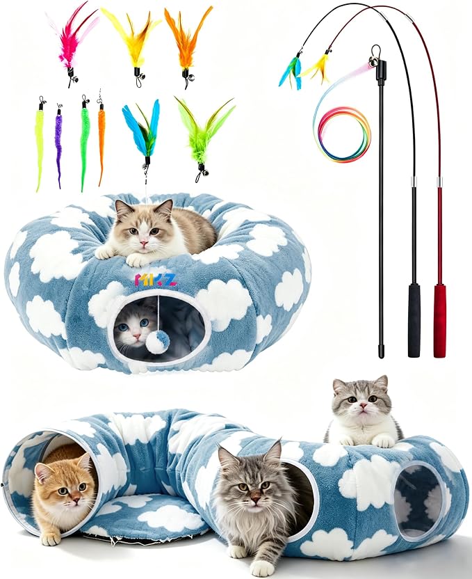 Cat Tunnel Bed with Toys – Large Collapsible Play Tube (Blue) | Soft Tube for Indoor Kittens & Adult Cats – Perfect for Hide & Seek, Pouncing, and Cozy Napping, Space-Saving & Foldable by MKZ