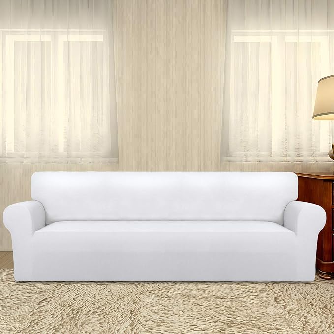 PureFit Stretch Couch Covers for Sofa 4 Seater Slipcovers White | 1-Piece Sofa Cover Washable Soft Couch protector, Couch Slipcover with Non Skid Foam and Elastic Bottom for Kids, Dogs - Image 2