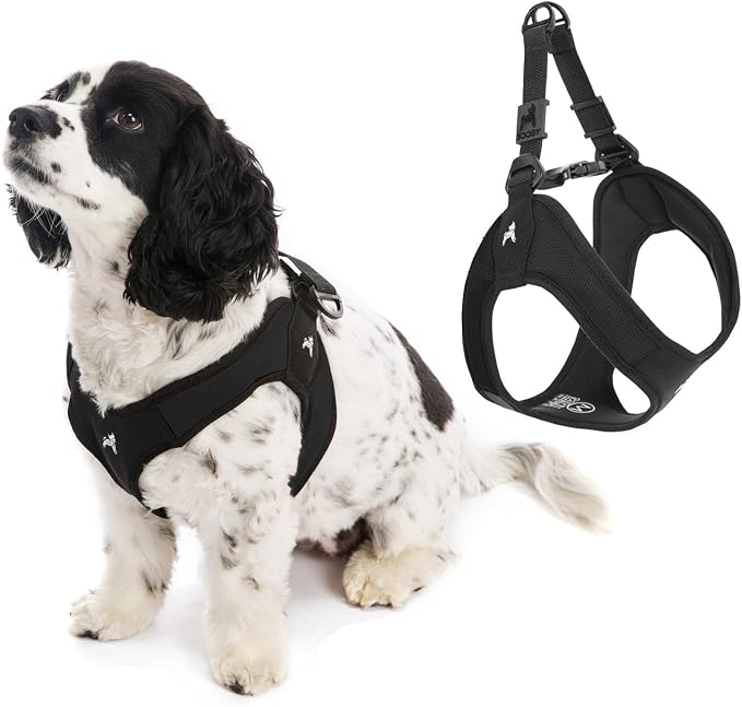 Gooby Escape Free Easy Fit Dog Harness, Step-in, Black, Small | Patented escape-free frame; Contracts if they back out; Step-in easy on/off; Machine washable; Light POM leash ring by Gooby