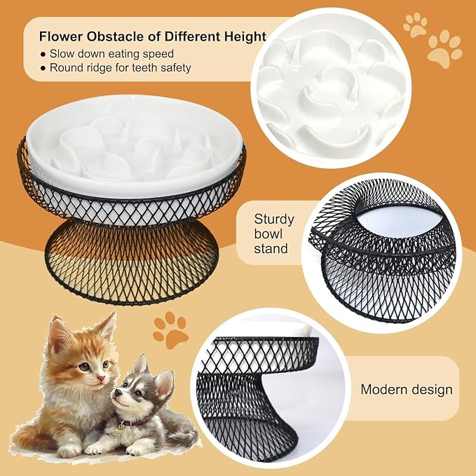 2PCS Raised Ceramic Cat Slow Feeder Bowl Elevated Food Bowl with Stand, Cat Slow Bowl for Wet Food and Dry Food,Slow Down Eating Speed, Whisker Friendly Pet Puzzle Feeder for Kitten and Small Dog - Image 3