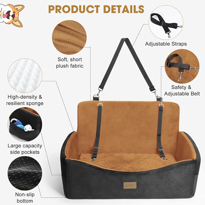 Dog Car Seat for Large Medium Sized Dogs Under 55 lbs, Dog Booster Seat for 2 Small Dogs with Detachable Washable Cover and Cushion, Memory Foam Pet Car Seat with 2 Safety Belts and Storage Pockets - Image 4