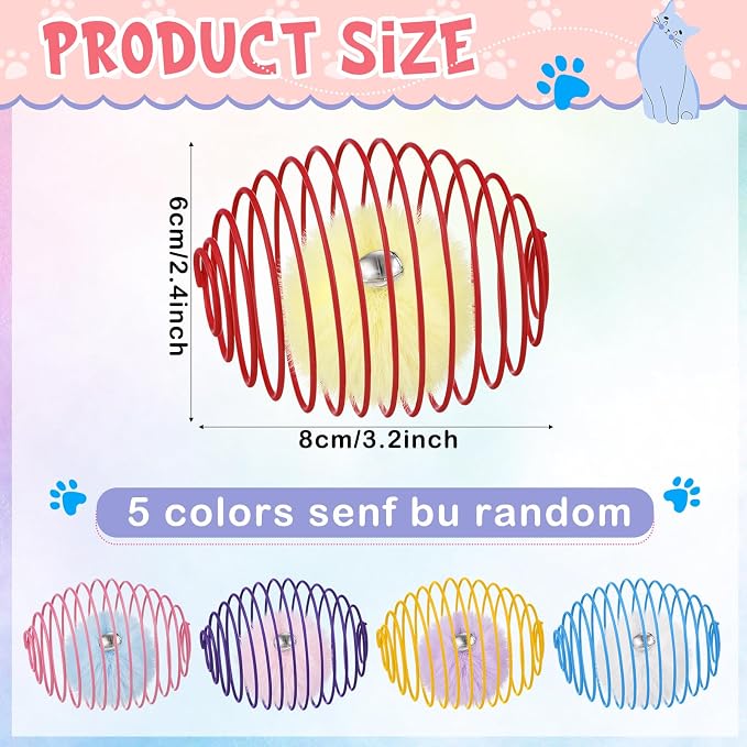 Jecery 5 Pcs Cat Toys Spring,Pom-pom with Bell,Multicolor | Interactive Metal Cat Toy, Stretchable Rolling Ball, for Indoor Cats, Colorful Playful Coils, Kitten Pet Supplies - Image 2