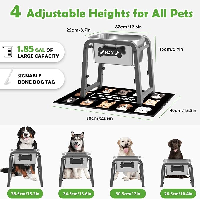 1.85 Gallon Elevated Dog Water Bowl, Height Adjustable (10.4–15.2'') Raised Stainless Steel Bowl with Spill-Proof Mat & Sturdy Metal Stand, Tip-Proof, Easy to Clean, Indoor & Outdoor Use - Image 3