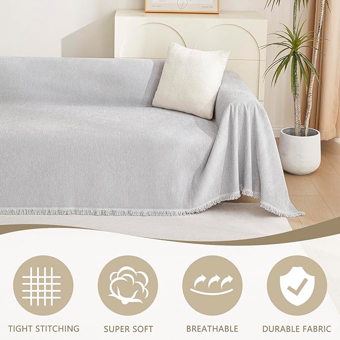 MYSKY HOME Sofa Cover for Dogs Washable for Sofa Boho Couch Cover, Cover for Sofa Couch Cover Blanket Thick Durable Sectional Couch Covers Furniture Protector, 71"x 150", Light Gery - Image 2