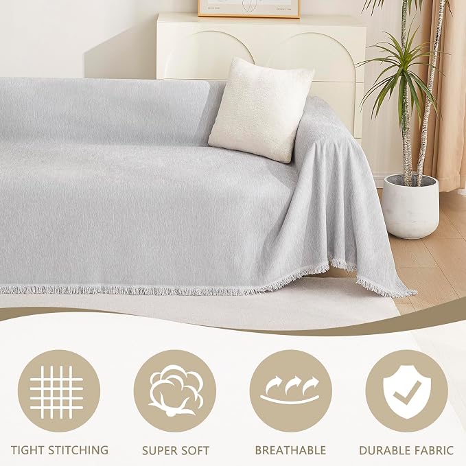 MYSKY HOME Light Gery Chenille Sofa Cover for Dogs Cats Tassel Edge Couch Cover Furniture Protectors for Pets Universal Couch Cover Thick Durable Sectional Couch Covers for 3 Cushion Couch, 91"x 134" - Image 2
