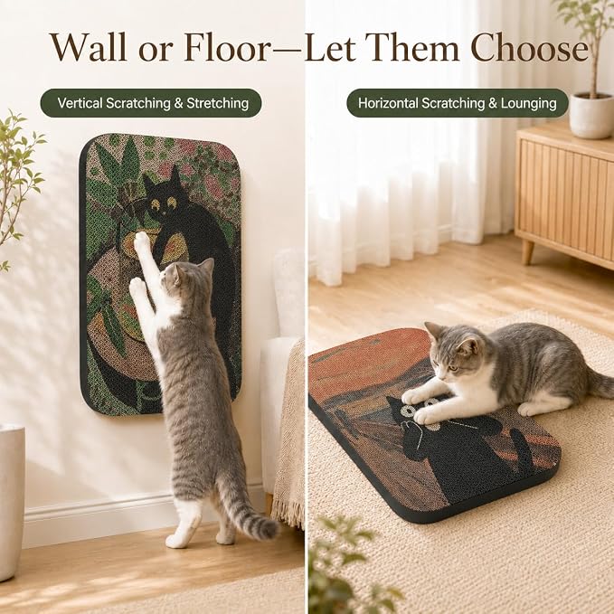2 Pack Cat Wall Scratcher, Art Cat Scratching Board for Cats | Wall Mounted Cat Scratch Pad, Water-Based Ink, Hook&Loop Strips, Floor or Wall Use, 16.7x11x1 Inch, Goldfish & Scream - Image 5