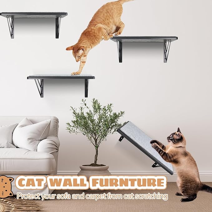 Cat Wall Shelves Set of 4, Purrfect Cat Furniture Set - 4 Piece Wooden Wall Shelves with Scratching Pad, Sleeping & Playing Area, Window Perch for Large Cats - Black - Image 2