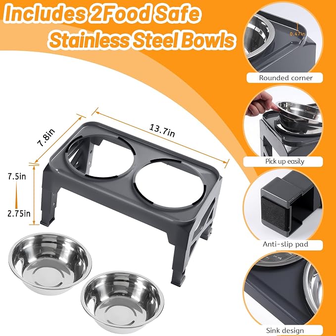 Hubulk Elevated Dog Bowls with 2 Stainless Steel Dog Food & Water Raised Bowls with No Spill Edge Non-Slip Stand Adjusts to 3 Heights(2.75", 6.0", 7.5") for Small Medium Dogs and Pet - Image 4