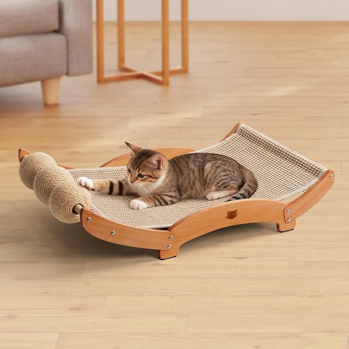 3 in 1 Sisal Cat Scratcher Bed, Solid Pine Cat Scratcher with Balls (Wood) | Extra Large Cat Scratching Post with Hammock, Cat Scratcher for Scratch & Play & Rest, Cat Furniture for Indoor Cats, Kitten by Casremee