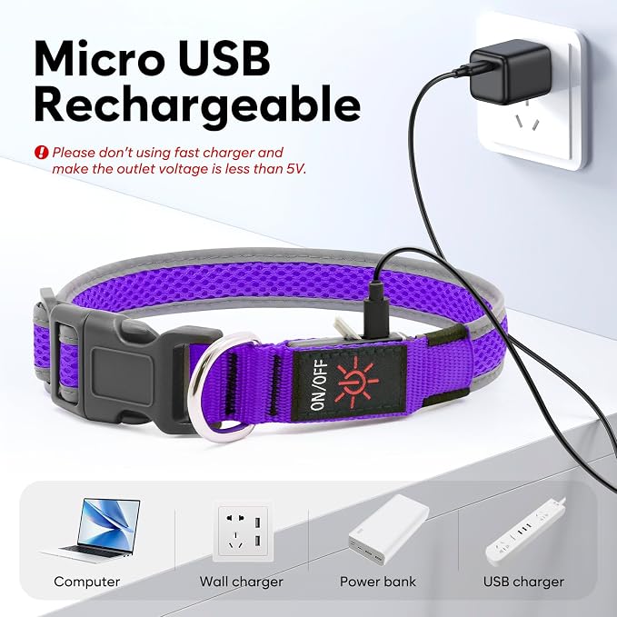 Flashseen LED Light Up Dog Collar, USB Rechargeable, Purple, S | Super Bright Lighted Dog Collar, Adjustable Breathable Mesh, Glow Collar for Dog Night Walking - Image 5