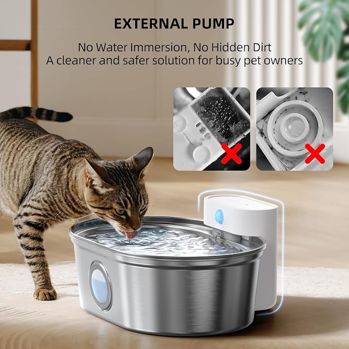 uahpet Wireless Cat Water Fountain Stainless Steel Pro, External Pump Battery Operated Pet Waterer, Dog Drinking Dispenser with Water Level Window, 67oz/2L - Image 5