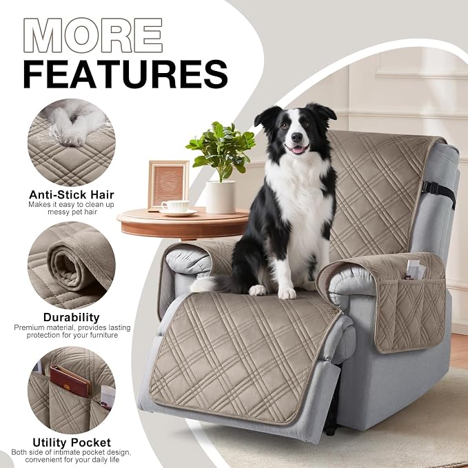 TAOCOCO 100% Waterproof Recliner Chair Cover, Recliner Covers for Recliner Chair with Pocket, Non Slip Reclining Chair Cover Furniture Protector for Kids, Pets(30'', Light Taupe-Velvet) - Image 4