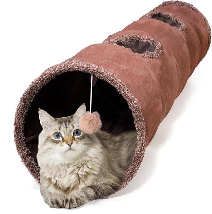 51"x 12" Collasiple Cat Play Tunnel, Cats Tubes and Tunnels, Cat Foldable Hide and Seek Tunnel Toy, Brown Suede Pet Tube Toy for Rabbits, Ferrets, Puppy, Diameter 12 Inch by ZENFUN