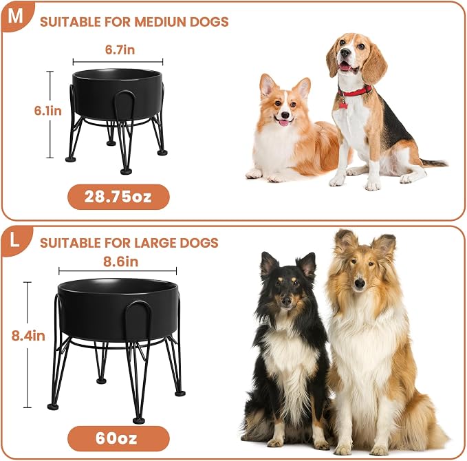 Elevated Dog Bowls, Ceramic Raised Dog Bowl Set with Anti-Slip and Non-Tip Metal Stand, 2 Pack Pet Food and Water Feeding Bowls for Small and Medium Dogs (Black,3.6 Cups) - Image 3