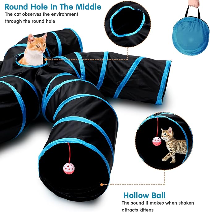 Poen 21 Pcs Cat Tunnel for Indoor Set Collapsible 5 Way Tubes with 20 Pcs Cat Kitten Toys Interactive Feather Toy Mouse Crinkle Balls Tube for Puppy Kitten Rabbit(Blue Black) - Image 4