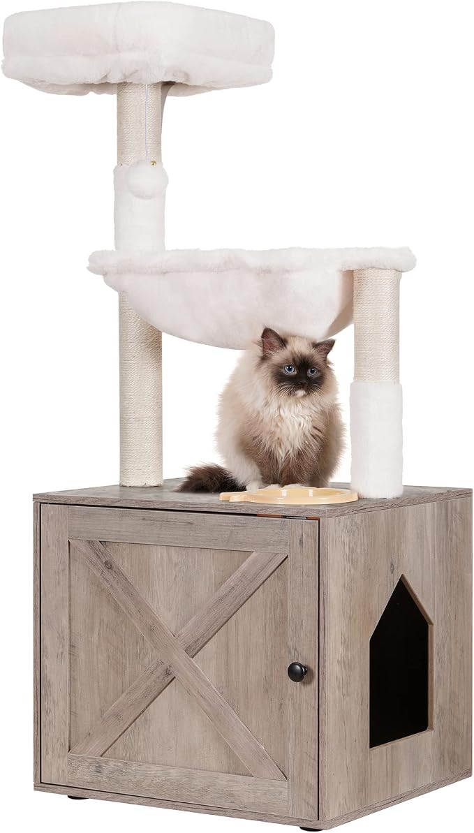 Hey-brother Cat Tree Tower, Litter Box Enclosure, Food Station, MPJ100SG | 47.24 Inches Wooden All-in-one Cat House, Large Hammock, Bed, Scratching Posts, Modern Style for Indoor Cats, Rustic Gray by Hey-brother