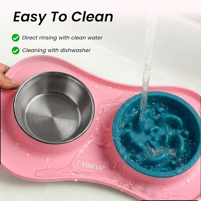 YINEYA 3 in 1 Slow Feeder Dog Bowls,Dog Water Bowl,Cat and Dog Food Bowl | Stainless Steel Dog Bowls with Non-Spill Dog Bowl Mat, Anti-Choking Puppy Bowls, Easy Clean for Large Medium Small Dogs Cats - Image 5