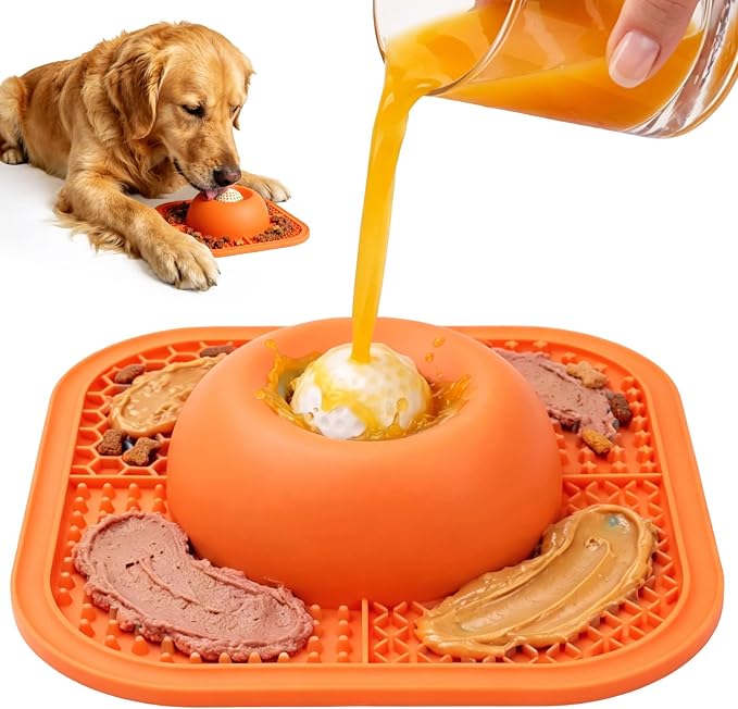 Slow Feeder Dog Bowls & Lick Mat for Liquid and Thick Treat, Anti-Slip Dog Lick Bowl with Interactive Rolling Ball, 5/6 Cup Pup Licking Toy for Large Medium Small Dogs and Cats-Large Orange by PetsHome