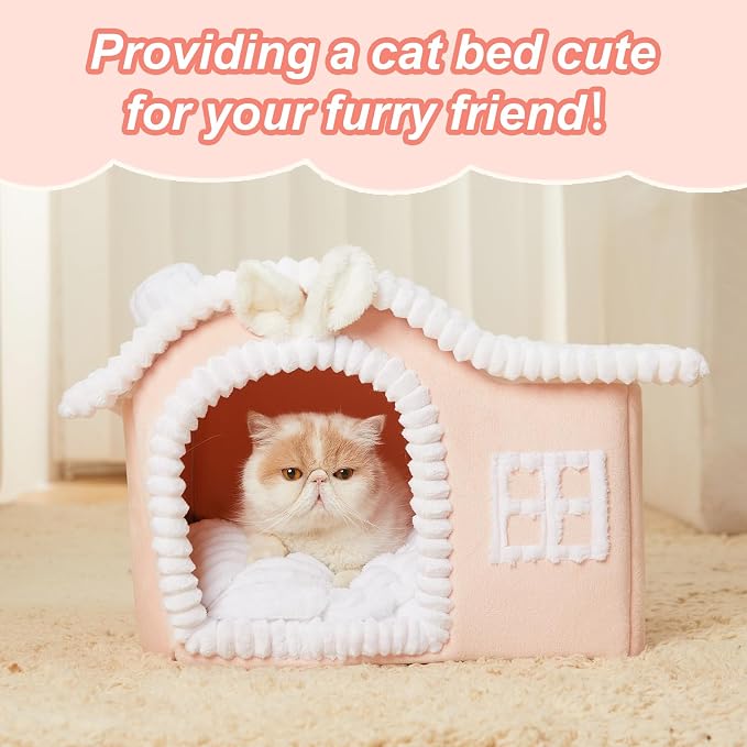 Rabbit Cat Houses for Indoor Cats, Chimney Cute Cat Bed Cave, Enough Interior Space, Cartoon Soft Pet House Up to 3-10 lbs Kitten, Pink - Image 7