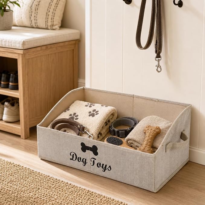 Geyecete dog toy basket Large dog toy bin dog toy box storage box - Foldable Fabric Trapezoid Organizer Boxes with Handle, Collapsible Basket for Dog Toys (KhakiStripe-DOG) - Image 5