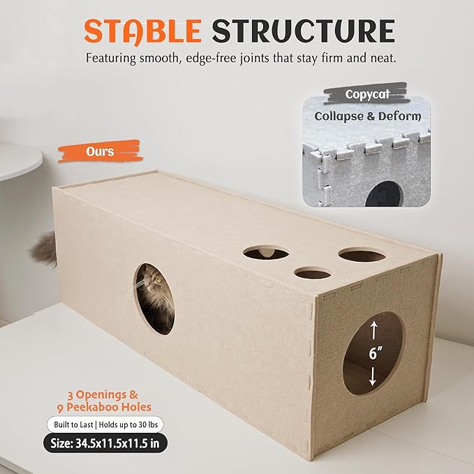 PETKARAY Cat Tunnel, Original Cat Hideaway Cave for Indoor Cats, Large Kitten Play Tubes and Tunnels, Soft Felt Cat Toy with Interactive Peek Hole, Beige Straight - Image 5