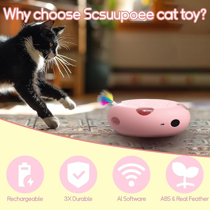 Interactive Cat Toy, Pink | Electric for Moving Concealed Feathers, Smart Sensor 7 Holes Whack a Mole Feather Toy, USB Charge Automatic - Image 4