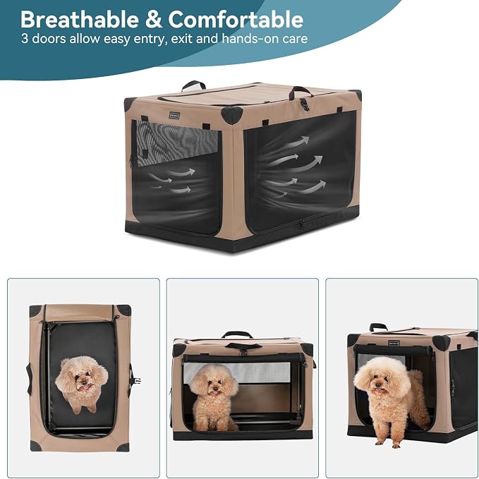 PETSFIT 26" Soft Portable Dog Crate – Patented Spiral Sturdy Frame, Collapsible Travel Kennel for Small Dogs, 3 Mesh Door, Lockable Zippers, Indoor & Car Use Khaki - Image 7