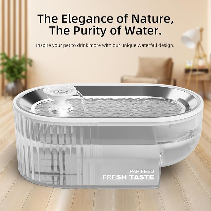 PAPIFEED Cat Water Fountain Stainless Steel, 84oz/2.5L Automatic Cat Water Fountain with Visible Water Level, Ultra Quiet Low Power Cat Water Bowl & Cat Water Dispenser (White) - Image 2