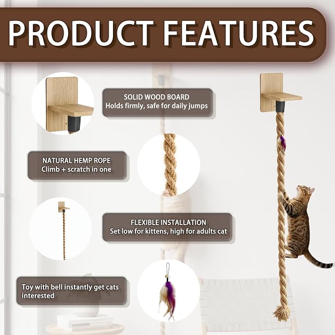 Cat Climbing Rope, Wall Mounted Cat Ladder,1.97" x 4.92 ft, Natural Sisal Rope, Durable Scratcher for Indoor/Outdoor Pets, cat Trees Replacement Rope for Playing(Wood) - Image 5