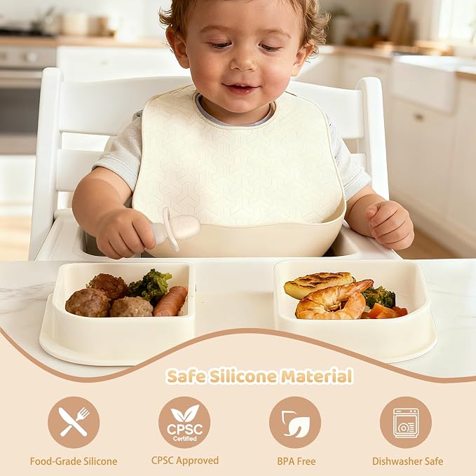 Beige Travel Silicone Foldable Feeding Set, On-the-Go Baby Feeding Supplies Including Toddler Plates, Silicone Baby Spoon&Fork, Adjustable Foldable Bib, Portable Infant Toddler Utensils - Image 4