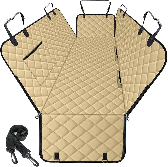 NECKORY Waterproof Dog Car Seat Cover for Back Seat - Durable, Scratch Proof Pet Hammock with Nonslip Design & Storage Pockets, Fits Cars, SUVs, Trucks - L, Khaki/Black by NECKORY