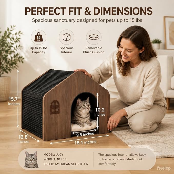 Modern Wooden Indoor Cat House - E0 Grade Enclosed Cat Cave Bed | Eco‑friendly non‑toxic washable cushion, walnut finish matches home decor, fits cats up to 20 lbs, easy assembly - Image 6