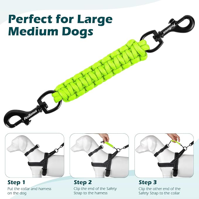 PetBonus Dog Collar Safety Clip, Handmade Prong Collar to Harness Connector | Dog Leash Backup Safety Strap, Escape Proof, Double Ended Clasp, Lead Connector for Pinch Collar, Harness (Neon Green) - Image 6
