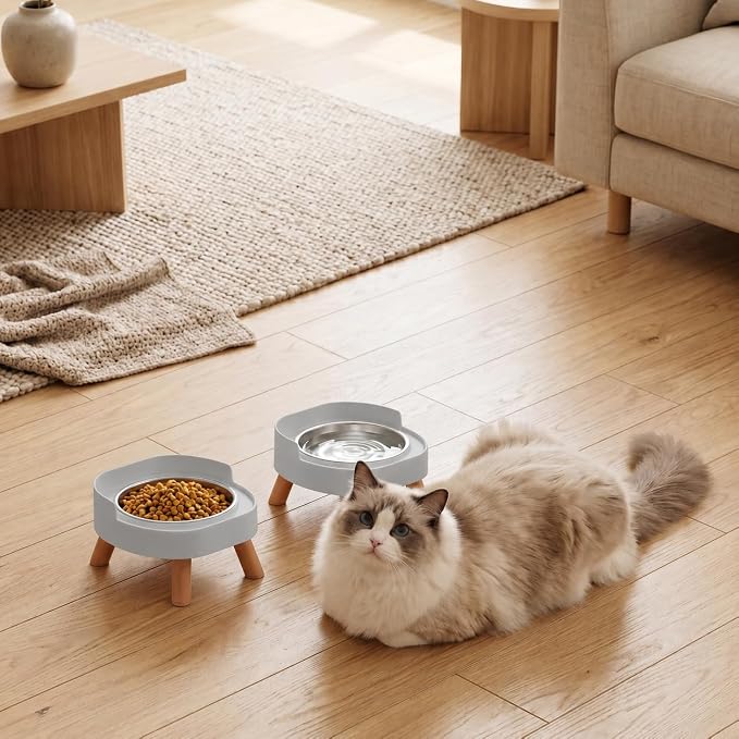 Elevated Cat Bowls, 2P Raised Cat Food and Water Bowl Set for Indoor Cats, Splash Proof with 2 Stainless Steel Pet Food Bowls for Cats ＆ Puppies, Whisker Friendly and Dishwasher Safe - Grey - Image 8