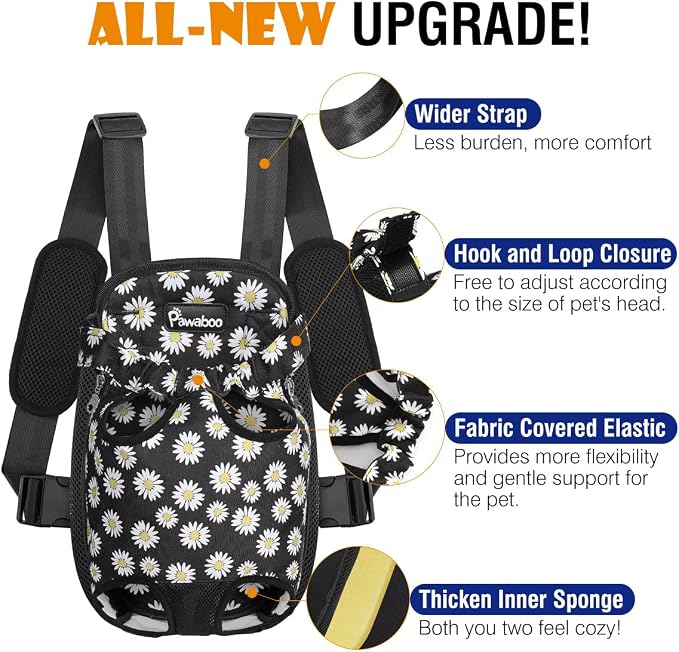 Pawaboo Pet Carrier Backpack, Adjustable Pet Front Cat Dog Carrier Backpack Travel Bag, Legs Out, Easy-Fit for Traveling Hiking for Small Medium Dogs Cats Puppies, Extra Large, Black Daisy Print - Image 4