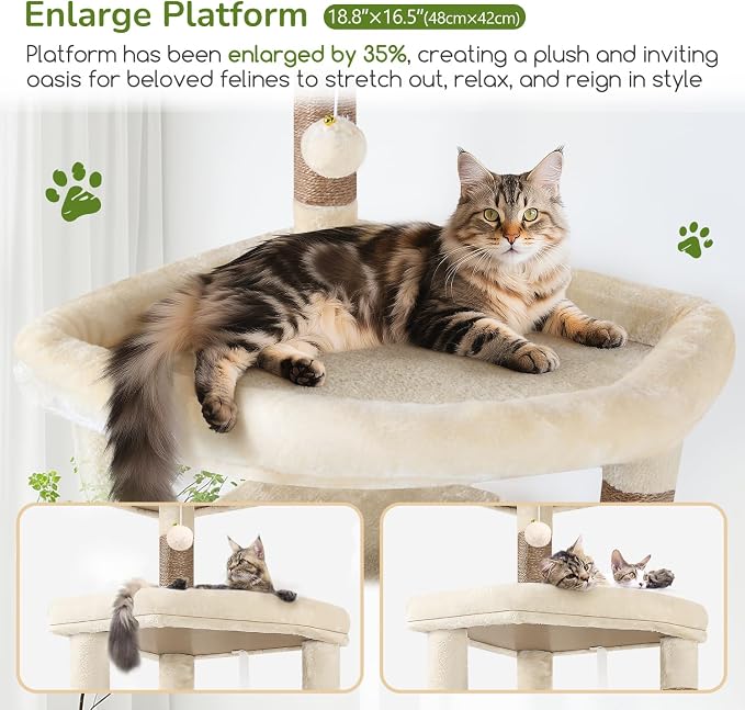 Globlazer Extra Large Platform Cat Tree, 65in Tall Sturdy Cat Tree for Indoor Cats Large Adult, Big Cat Tower for Big Cats with 3 Enlarged Perches, 6 Scratching Posts, Cat Condo, Hammock, S65, Beige - Image 2