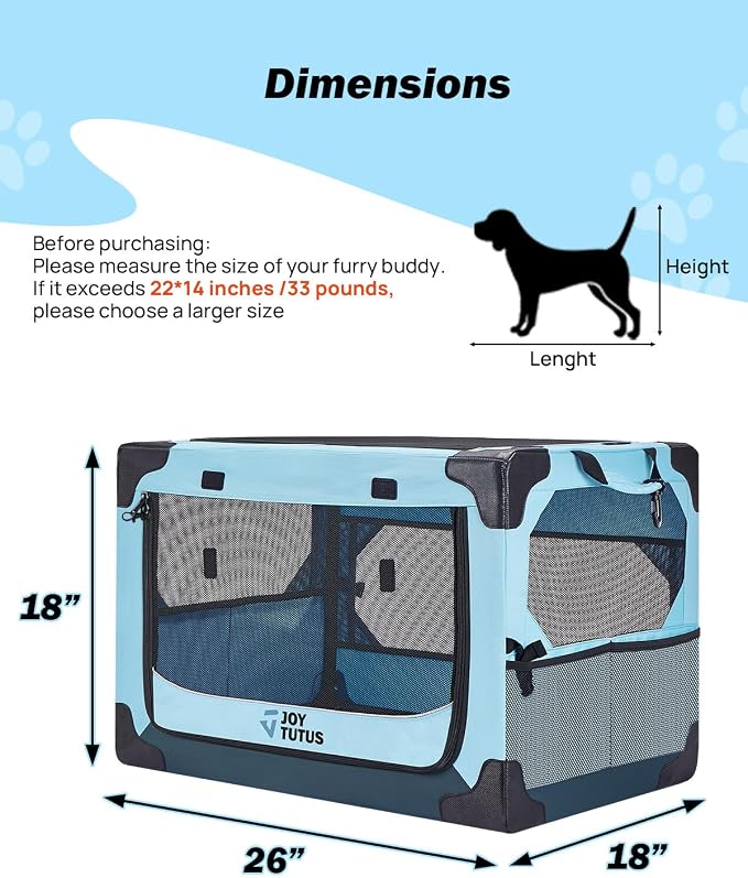 JOYTUTUS Collapsible Dog Crate, 26 Inch Portable Pet Crate for Car, Travel Dog Kennel Foldable Dog Crate for Medium Dog 44lbs, Soft Cat Carrier Fit for Indoor & Outdoor/Car Back Seat/Trunk (Blue) - Image 4