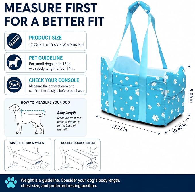 Center Console Dog Car Seat for Small Dogs Under 15lbs,Detachable Washable Booster Pet Car Seat Travel Bed with Storage Pockets and Seat Belt(Blue) - Image 4