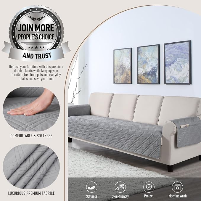 TAOCOCO Waterproof Large Couch Covers for Dogs, Non Slip Sofa Cover, 78.7'' | Washable Oversized Couch Covers with Arms for 3 Cushion Couch, Dog Sofa Cover Protector, Pocket & Backless Design, Light Gray - Image 2