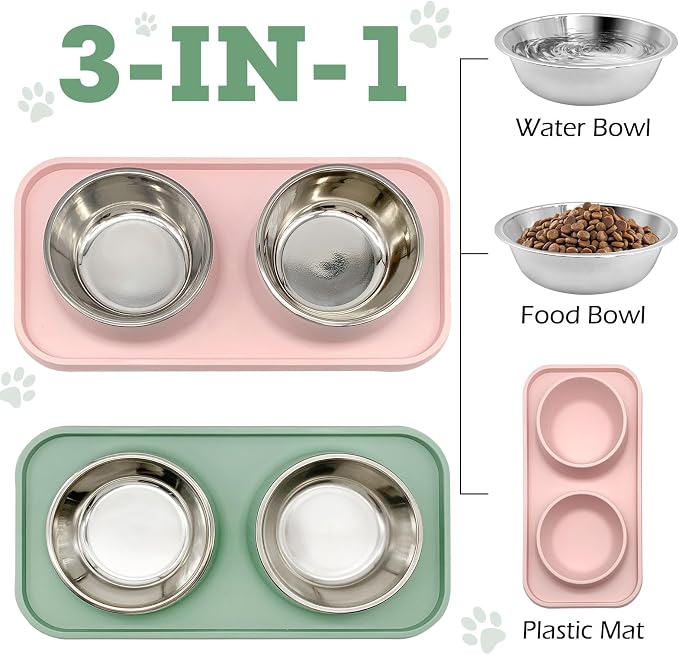 BNOSDM 2 Pcs Double Dog Food Bowls, Stainless Steel Small Dog Food and Water Bowls with Non-Spill Plastic Mat, Pet Cat Feeder Dish Set for Puppy Cats Kitten, Pink and Green - Image 2