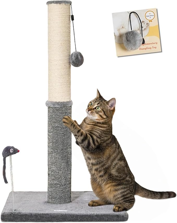 Tall Cat Scratching Post, Cat Scratchers for Indoor Cats | 29.5" Tall For Large Cats, Sisal & Carpet In One For Various Scratching Needs, Solid Structure, Extra Free Toy, Light Gray by HappiNPets
