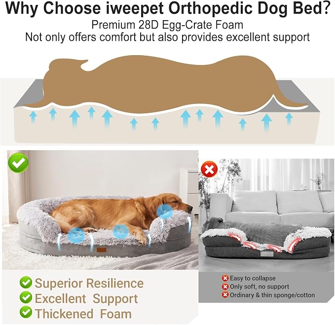 3.7 inch Thickened Orthopedic Dog Beds for Medium Dogs, Supportive Dog Sofa Bed with 28D Egg-Crate Foam, Removable Washable Plush Cover, Waterproof Lining, Half-Round Design for Puppy,Senior Dog - Image 3