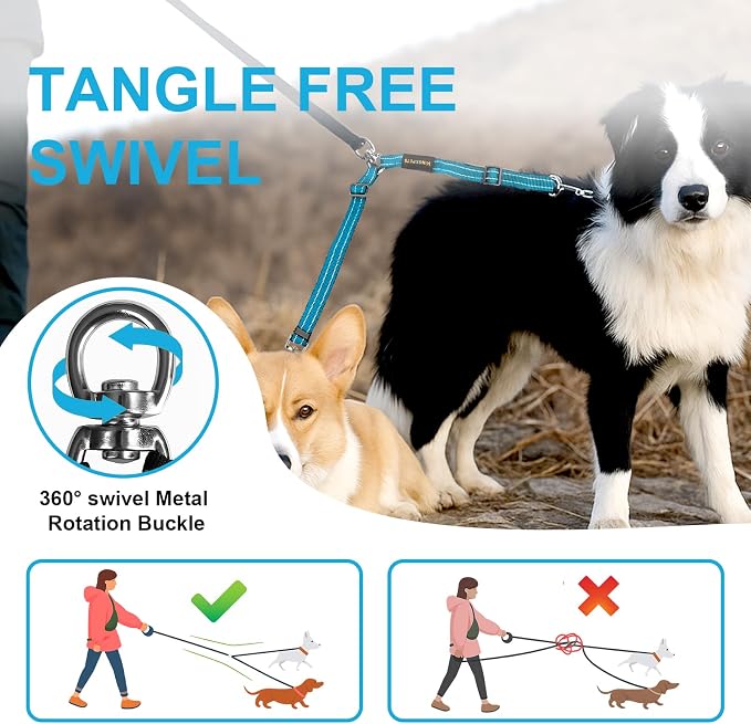 MingXpet Double Dog Leash for Two Dogs, No Pull Dog Leash, 360° Swivel No Tangle for Medium Dogs Walking & Training, Shock Absorbing Reflective Bungee, Blue - Image 4