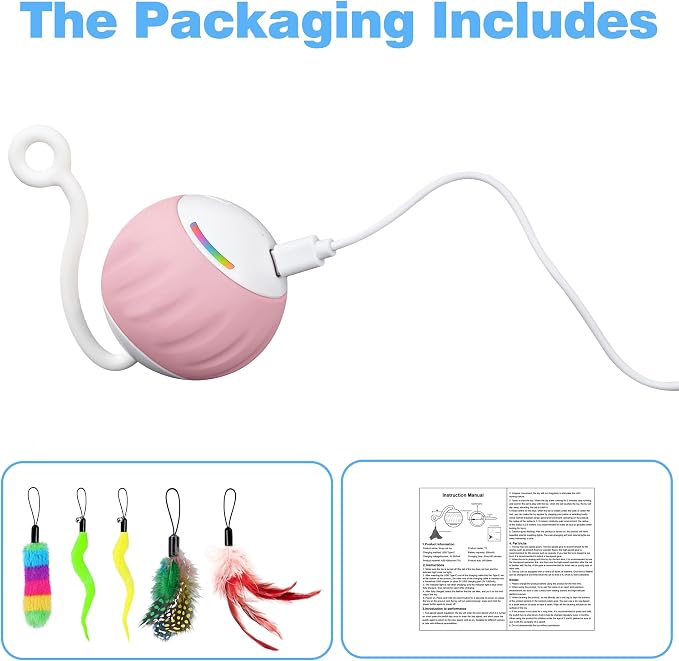 Upgraded 2.36 Inch Large Interactive Cat Toys Ball for Indoor Cats, Pink | Motion and Sound Activated, 2 Speeds, Rechargeable, 5 Replaceable Tails, Stuck-Free Motor, Gray Also Available - Image 6